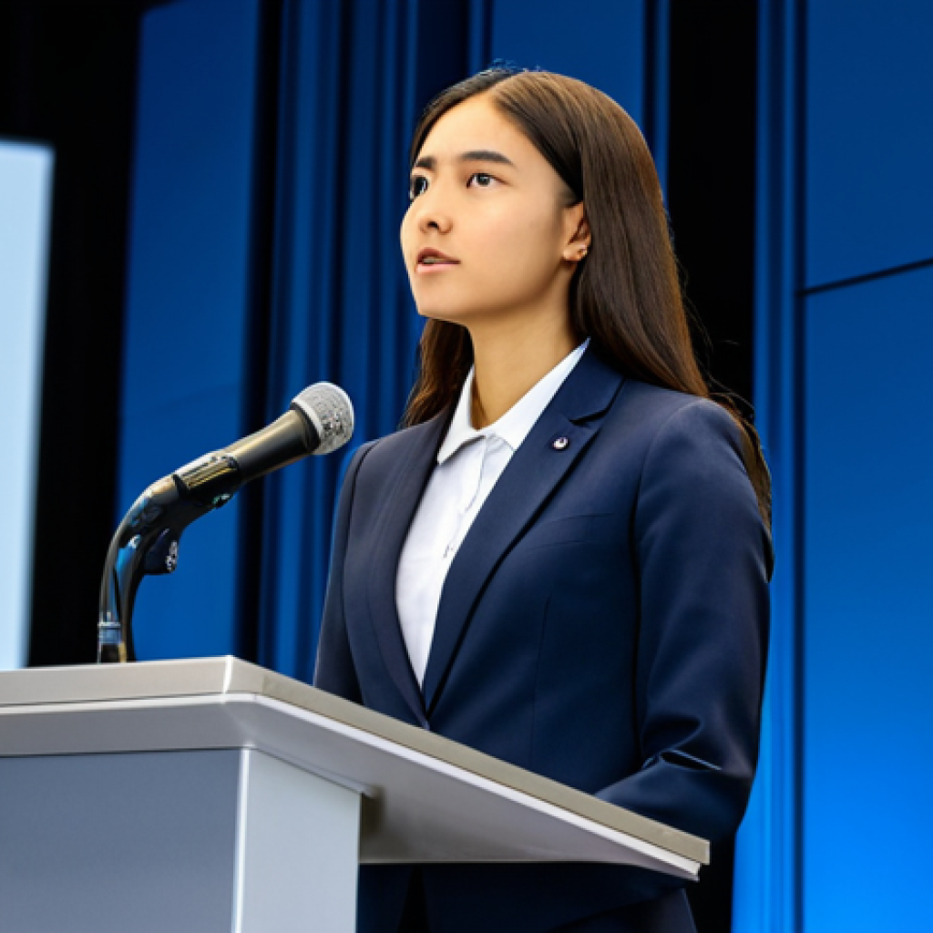 **

"A young professional woman confidently giving a public speech in English at a conference. She's wearing a modest business suit, standing on a stage with a microphone. The background shows a diverse audience and a presentation screen. Perfect anatomy, correct proportions, professional setting, fully clothed, safe for work, appropriate content, professional, modest, family-friendly."

**