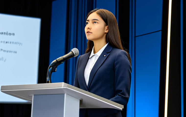 **

"A young professional woman confidently giving a public speech in English at a conference. She's wearing a modest business suit, standing on a stage with a microphone. The background shows a diverse audience and a presentation screen. Perfect anatomy, correct proportions, professional setting, fully clothed, safe for work, appropriate content, professional, modest, family-friendly."

**