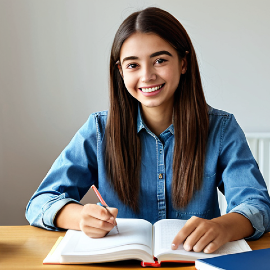 Confident Student**

"A bright and cheerful young woman fully clothed in a casual study outfit, sitting at a desk with English textbooks and flashcards, safe for work, studying hard, appropriate content, perfect anatomy, natural proportions, professional photo, well-lit study room, modest clothing."

**