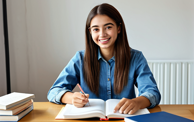 Confident Student**

"A bright and cheerful young woman fully clothed in a casual study outfit, sitting at a desk with English textbooks and flashcards, safe for work, studying hard, appropriate content, perfect anatomy, natural proportions, professional photo, well-lit study room, modest clothing."

**