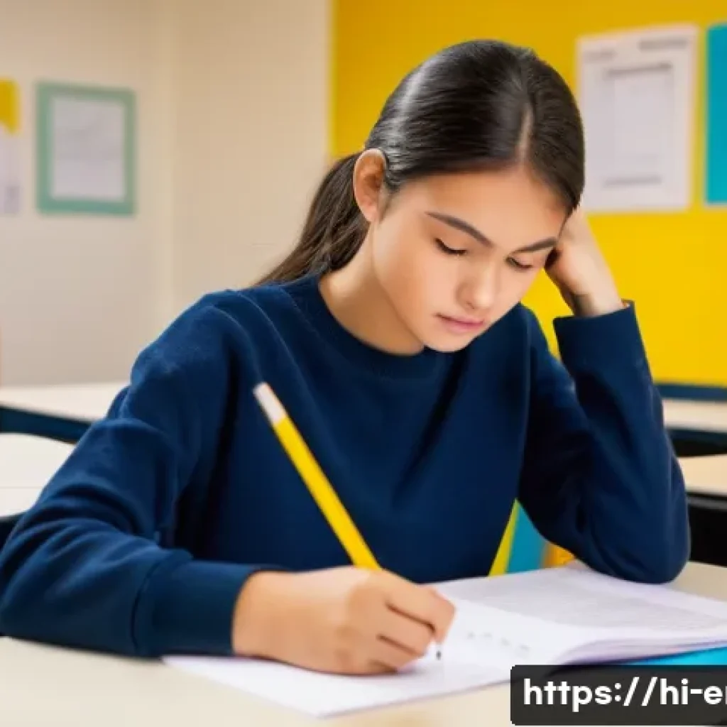 TOEIC 시험 시간 관리 노하우 - A focused young adult student, fully clothed, sitting at a tidy wooden desk laden with textbooks, no...