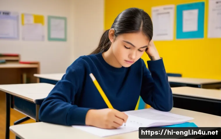 TOEIC 시험 시간 관리 노하우 - A focused young adult student, fully clothed, sitting at a tidy wooden desk laden with textbooks, no...