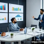 영어 능력 시험 후 경력 개발 사례 - A professional Indian man in formal business attire, confidently giving a presentation in English to...