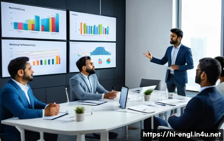 영어 능력 시험 후 경력 개발 사례 - A professional Indian man in formal business attire, confidently giving a presentation in English to...