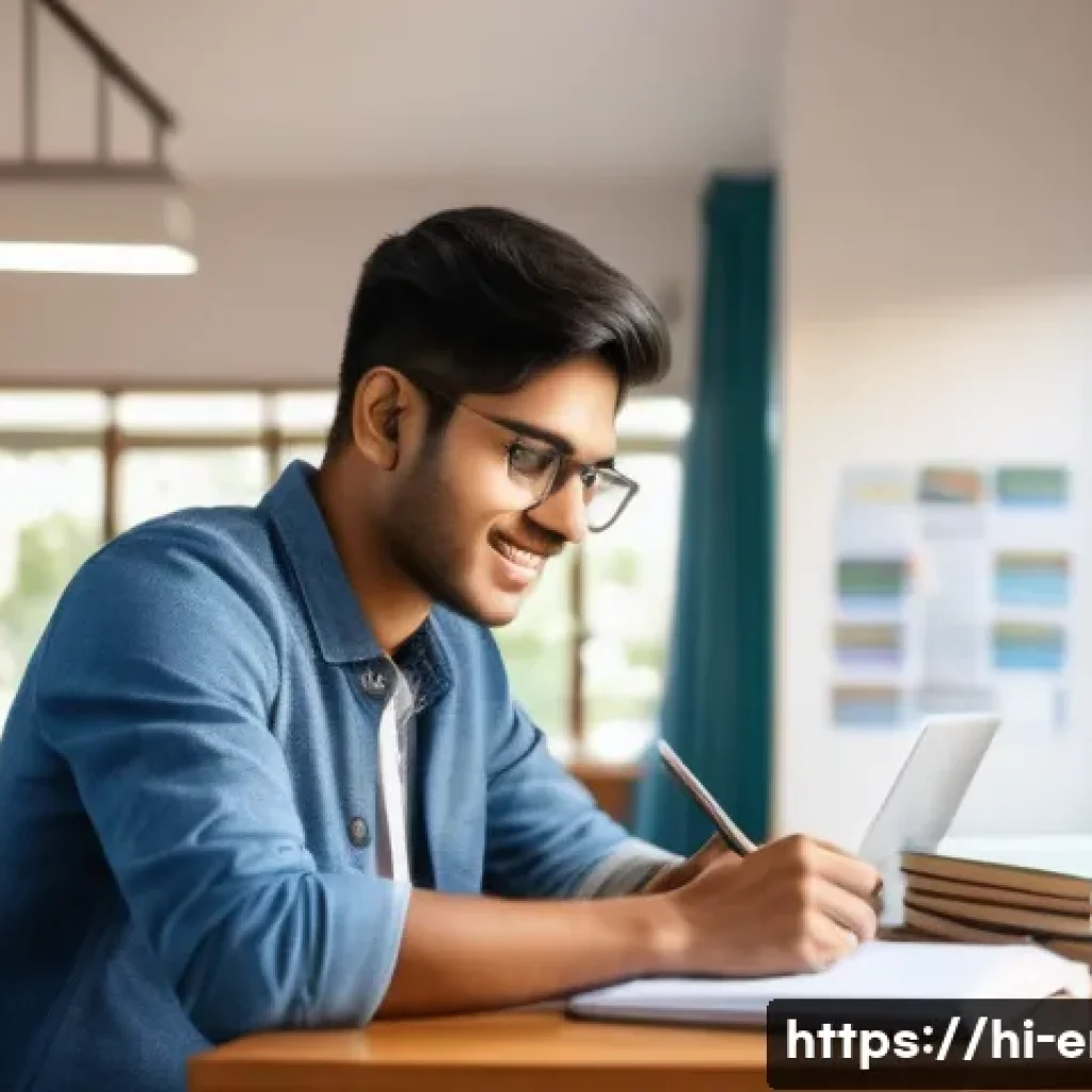 TOEIC과 학업 성취의 연관성 - A focused Indian student studying TOEIC preparation materials at a desk in a bright, modern study ro...