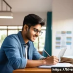 TOEIC과 학업 성취의 연관성 - A focused Indian student studying TOEIC preparation materials at a desk in a bright, modern study ro...