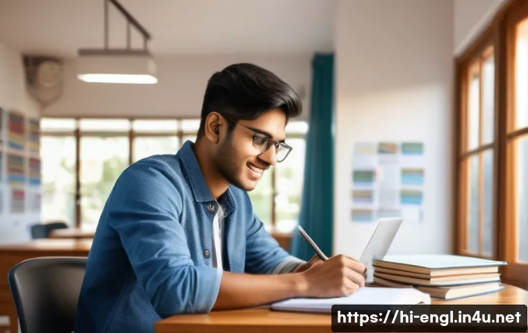 TOEIC과 학업 성취의 연관성 - A focused Indian student studying TOEIC preparation materials at a desk in a bright, modern study ro...