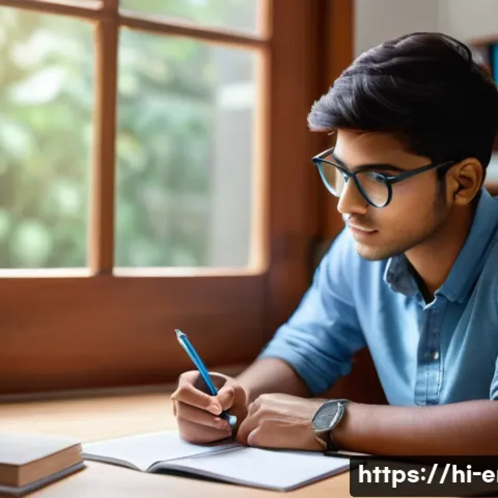 TOEIC 공부 시간 관리 팁 - A focused young Indian student studying for the TOEIC exam in a quiet, organized room corner designe...