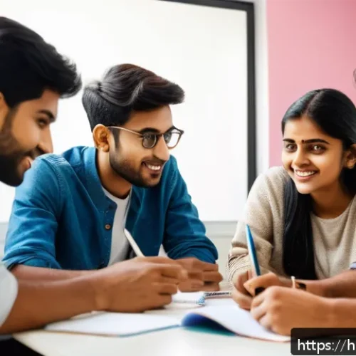 Home 31 영어 시험 스터디 운영 가이드 - A diverse study group of young Indian adults sitting around a table, actively engaged in discussion ...