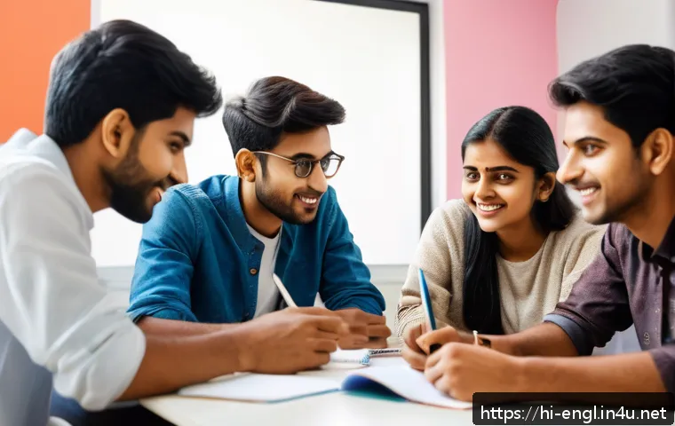 영어 시험 스터디 운영 가이드 - A diverse study group of young Indian adults sitting around a table, actively engaged in discussion ...