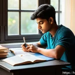 Home 18 TOEIC 학습 시간표 설계 - A focused Indian young adult studying early morning at a cozy, well-lit desk by a window with soft s...