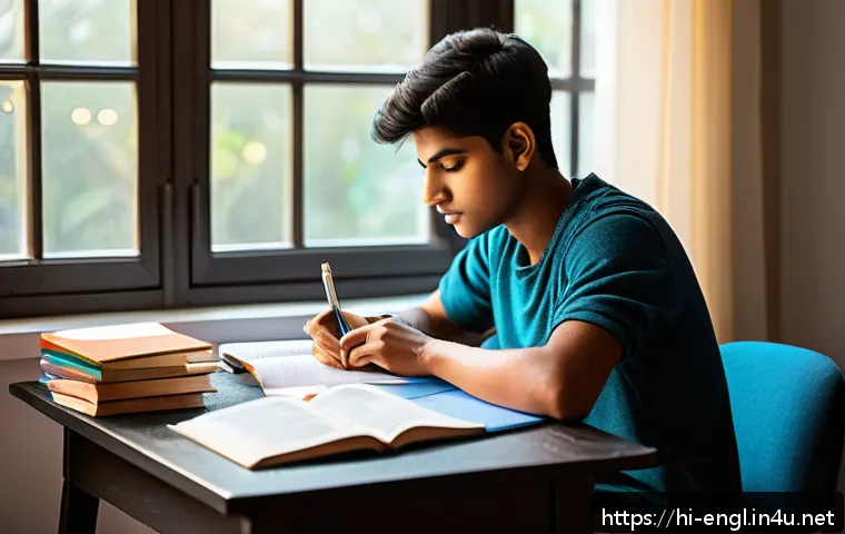 TOEIC 학습 시간표 설계 - A focused Indian young adult studying early morning at a cozy, well-lit desk by a window with soft s...