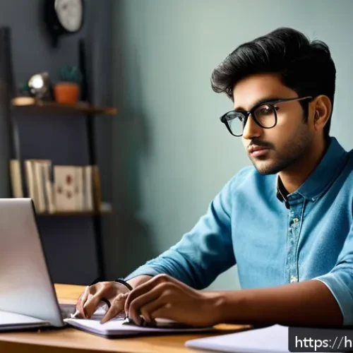 Home 17 TOEIC 시험 합격 비결 - A focused young Indian man studying for the TOEIC exam at a tidy desk with a notebook, textbooks, an...