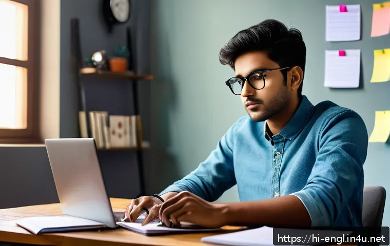 TOEIC 시험 합격 비결 - A focused young Indian man studying for the TOEIC exam at a tidy desk with a notebook, textbooks, an...