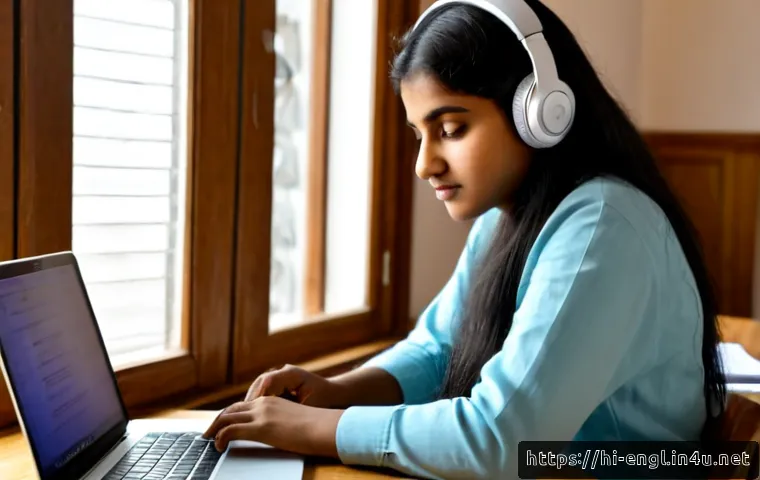 Home 17 TOEFL Listening 고득점 꿀팁 - Photorealistic Indian university student wearing modest casual clothing and headphones, focused on a...