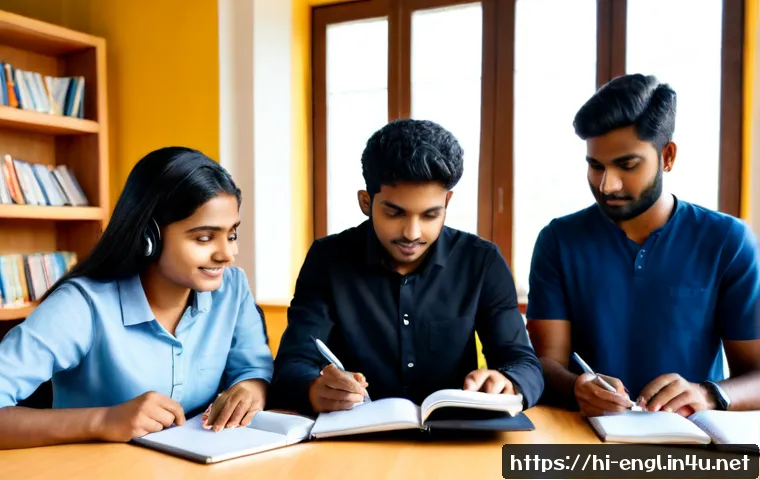 TOEIC 스터디 모임 성공 비결 - Photorealistic study group success scene in a bright modern library, four diverse Indian university ...