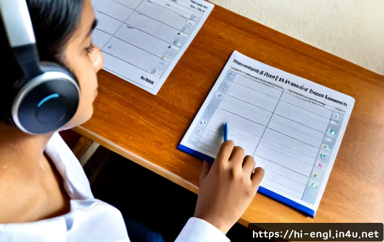 Home 17 영어 능력 시험 전략 비교 - Photorealistic overhead view of a focused Indian adult learner comparing two English proficiency exa...